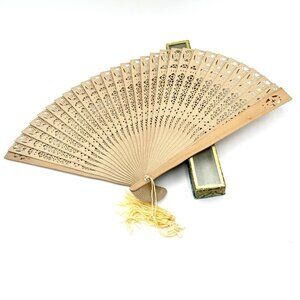 Vintage Chinese Asian Wooden Sandalwood Folding Hand Fan With Display Box